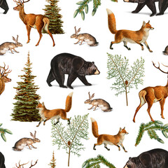 Elegant stylish vintage seamless pattern with woodland animals, deer, bear, fox, hare, plants and trees fir, spruce isolated on transparent background