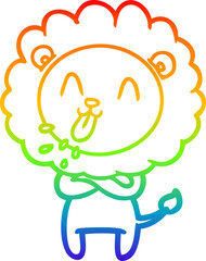 rainbow gradient line drawing of a happy cartoon lion