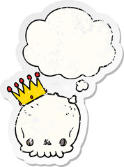 cartoon skull with crown with thought bubble as a distressed worn sticker