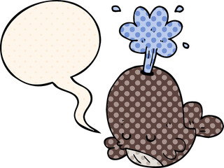 cartoon spouting whale with speech bubble in comic book style
