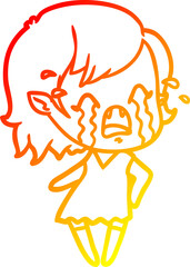 warm gradient line drawing of a cartoon crying vampire girl