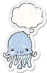 cartoon jellyfish with thought bubble as a distressed worn sticker