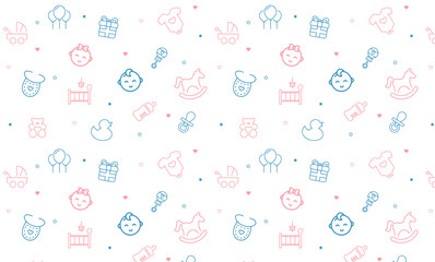 Newborn baby shower seamless pattern for textile, print, greeting cards, wrapping paper, wallpaper. For boy or girl birthday celebration party. Vector illustration design line scetch stile