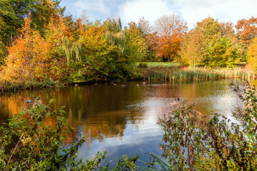 Beautiful colorful autumn lake surrounded by autumn follage. Autumn background.