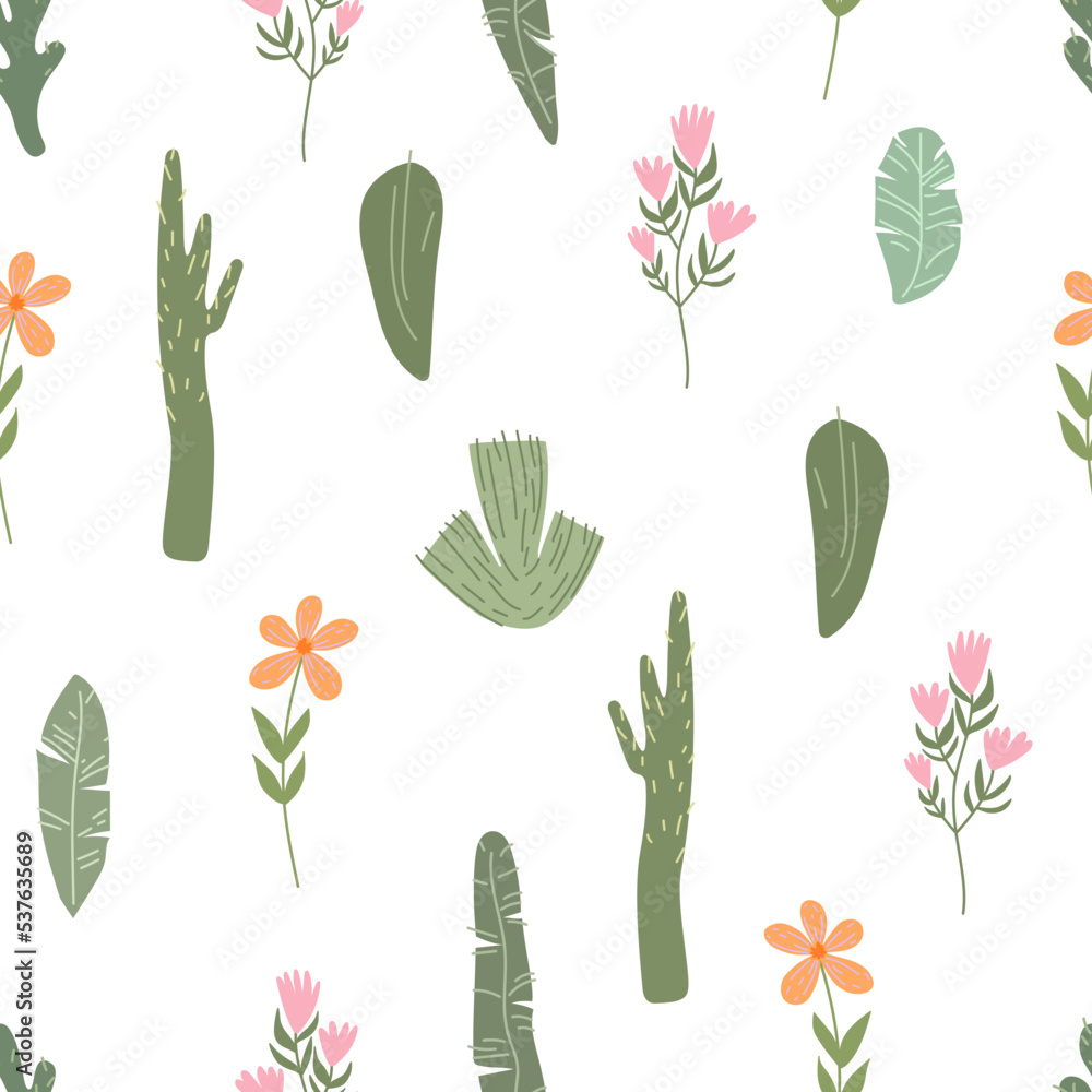 Poster seamless vector pattern with leaves, cacti and flowers in doodle style..