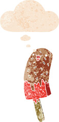 cute cartoon happy ice lolly with thought bubble in grunge distressed retro textured style