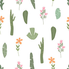 Seamless vector pattern with leaves, cacti and flowers in doodle style..