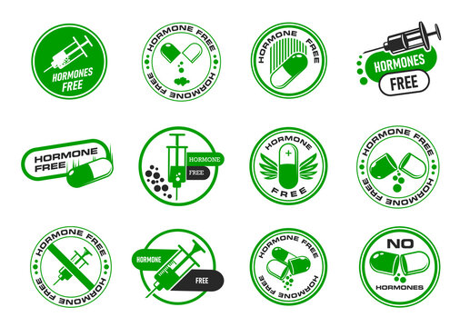 Hormone Free Icons, Healthy Organic Food Stickers And Labels, Vector Stamps. Natural Farm Meat And No GMO Products Sign, USDA No Hormones Icon With Syringe And Pill For Healthy Food Package Badges