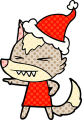 angry wolf hand drawn comic book style illustration of a wearing santa hat