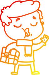 warm gradient line drawing of a cartoon man carol singing