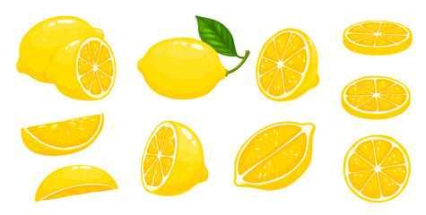 Cartoon lemon fruit slices, half cut and whole with leaf, vector object. Tropical citrus lemon fruit food and vitamin C in slices for juicy jam, marmalade or citron dessert flavor package design