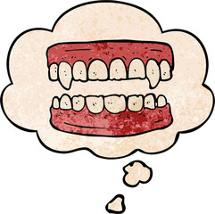 cartoon vampire teeth with thought bubble in grunge texture style