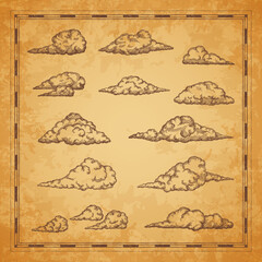 Vintage map clouds and cloudiness sketch for adventure map, vector background. Pirate treasure island and Caribbean map elements fluffy clouds sketch or marine cloudscape in retro etching