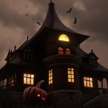 Scarry witch house with halloween jack-o-lantern pumpkin