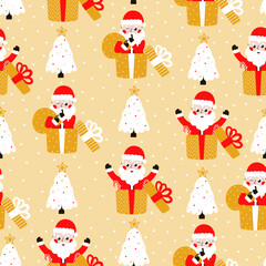 Seamless christmas pattern with cute santa and christmas tree on yellow background