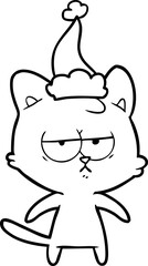 bored hand drawn line drawing of a cat wearing santa hat