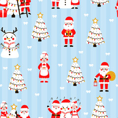 Seamless christmas pattern with cute santa and snowman, christmas tree on blue background