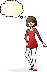 cartoon woman in dress with thought bubble