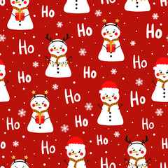 Seamless christmas pattern with cute snowman in diferent poses and ho ho lettering on red background