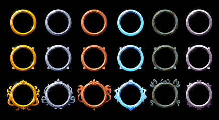 Golden, silver, bronze, copper and rusty metal circle frames, vector game assets. Rusty metal circle frames and gold rings, GUI or game UI elements and arcade game circle box borders or menu buttons