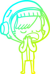 cold gradient line drawing of a cartoon astronaut woman explaining