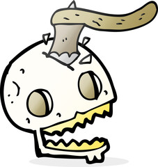 freehand drawn cartoon axe in skull
