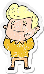 distressed sticker of a happy surprised cartoon man