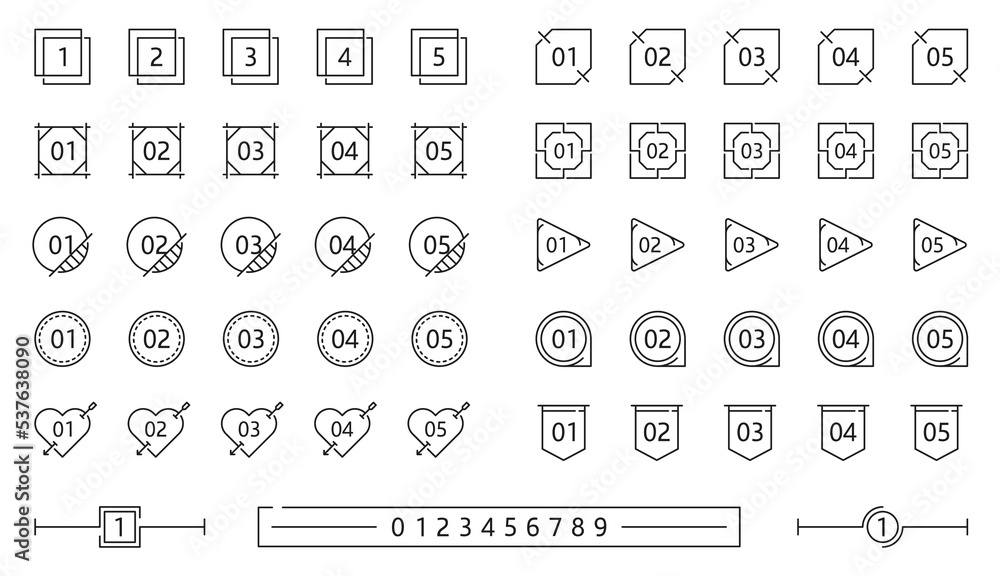 Poster Infographics number box frames. Business diagram indicator outline frame or icons, presentation number signs, simple vector pictograms. Infographics digit line square, round and triangle boxes