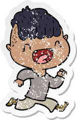 distressed sticker of a cartoon happy boy laughing and running away