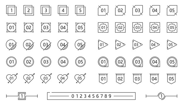 Infographics number box frames. Business diagram indicator outline frame or icons, presentation number signs, simple vector pictograms. Infographics digit line square, round and triangle boxes