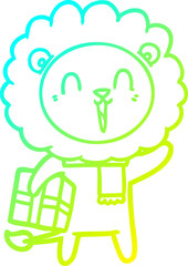 cold gradient line drawing of a laughing lion cartoon with christmas present