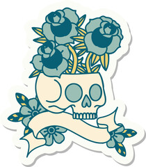 tattoo style sticker with banner of a skull and roses
