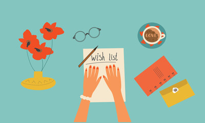 Human in the clipboard is writing wish list. Wishlist on a white sheet. Vector illustration flat design. Template for editing, to-do list and checklist.