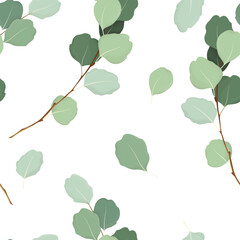 Pattern of tree branches and leaves. Seamless pattern. Leaves. White background.