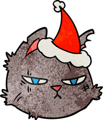 hand drawn textured cartoon of a tough cat face wearing santa hat