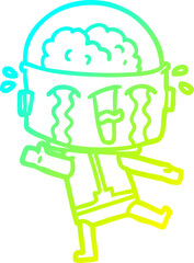 cold gradient line drawing of a cartoon crying robot