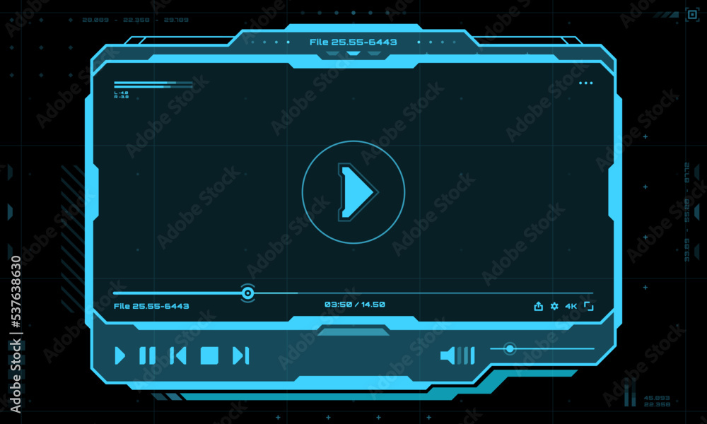 Leinwandbilder HUD video and sound player futuristic screen interface. Live audio player UI with digital navigation bar or panels. GUI futuristic vector display, SCI FI music control panel or neon blue frame buttons
