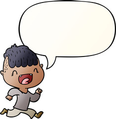 cartoon happy boy laughing and running away with speech bubble in smooth gradient style