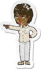 retro distressed sticker of a cartoon woman pointing