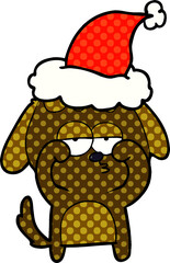 hand drawn comic book style illustration of a tired dog wearing santa hat