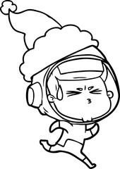 hand drawn line drawing of a stressed astronaut wearing santa hat