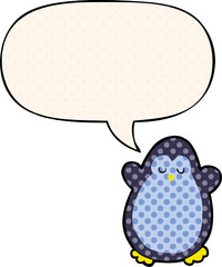 cartoon penguin with speech bubble in comic book style