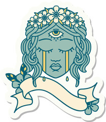 tattoo style sticker with banner of female face with mystic third eye crying