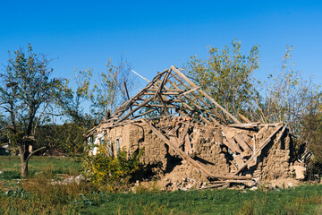 War in Ukraine. 2022 Russian invasion of Ukraine. Countryside. Destroyed house after the battle....