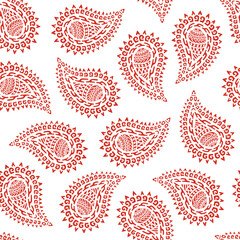 Seamless pattern based on traditional oriental paisley elements, Indian, Turkish, Persian cucumber. Suitable for textiles, fabrics, wallpapers, wrapping paper. Vector illustration.