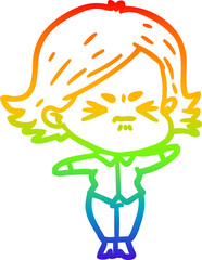 rainbow gradient line drawing of a cartoon angry girl