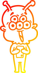 warm gradient line drawing of a happy cartoon alien