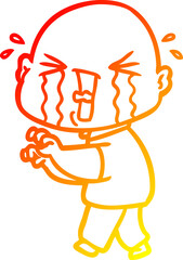 warm gradient line drawing of a cartoon crying bald man