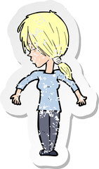 retro distressed sticker of a cartoon woman shrugging shoulders