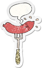 cartoon happy sausage on fork with speech bubble distressed distressed old sticker